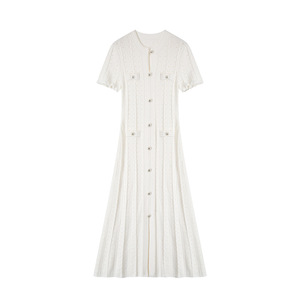 Maglioncino da donna con collo rotondo bianco all'ingrosso, produttore di maglieria, manica corta arruffata monopetto, abito lavorato a <span class=keywords><strong>maglia</strong></span> - Product Image 5