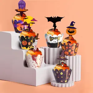 12個ハロウィンカップケーキラッパーパンプキンスパイダーウェブバットトッパーハロウィンパーティーケーキデコレーションベーキングカップ用カップケーキキット