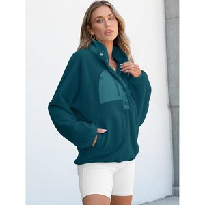 Women Fleece Pullover Sherpa Sweatshirt <b>Long</b> <b>Sleeve</b> Button Warm Soft Color Block Jacket Pockets Winter Coat Polyester Filled - Product Image 4