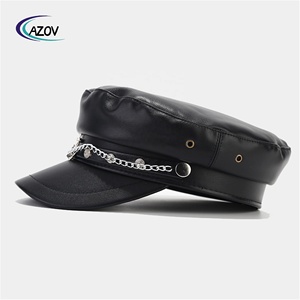 قبعة مموهة بسلسلة معدنية عتيقة من الجلد ، قبعة كحلي بريطانية أنيقة ، قبعة سوداء ذات ذروة - Product Image 2