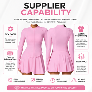 Women Premium Soft Pink Long Sleeve <b>Zip</b> <b>Up</b> Training Top and Pleated Tennis Skirt Set for Professional Fitness and Activewear - Product Image 3