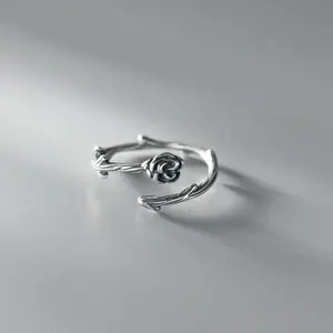 Anel de prata esterlina para mulheres 925, joia fina de aniversário de casamento, anel de prata retrô, anel de rosa, prata antiga, anel de noivado