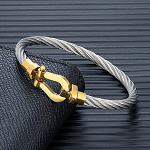 Stainless Steel Wire Rope <b>Bracelet</b> Horseshoe Magnetic Clasp Unisex Industrial Style <b>Bangle</b> Gold <b>Silver</b> Steel - Product Image 2