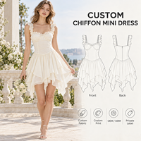 Robe Courte d'Été OEM pour Femme en Mousseline de Soie avec Buste Froncé, Bretelles Volantées, Corset et Ourlet Asymétrique Coupe Trapèze