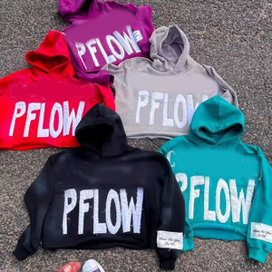 Trang phục dạo phố Áo chui đầu quá khổ viền thô chắp vá Áo Hoodie cắt ngắn thêu chữ in hình hộp cho nam - Product Image 2