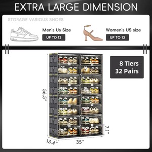 Organizzatore per scarpe impilabile a 8 livelli, armadio pieghevole pieghevole con porte magnetiche trasparenti per 32 paia, plastica resistente, Bl - Product Image 5