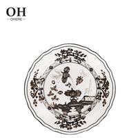 Assiette de table en porcelaine fine à motif floral encre noire, vaisselle en relief pour mariage et événements, décoration de table, assiette de présentation