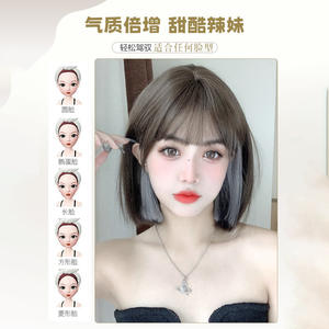 Peluca corta y recta natural con flequillo destacado para mujer, para cualquier forma de rostro, fibra Kanekalon, sin encaje - Product Image 1