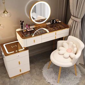 Modern Wood <b>Dressing</b> <b>Table</b> Set with Metal Legs Bedroom & Living Room <b>Vanity</b> LED <b>Mirror</b> Wireless Charging - Product Image 3
