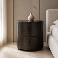 Table de chevet cylindrique moderne en bois fumé, 2 tiroirs, design écologique fait main, poignée noire, finition expresso pour chambre d'hôtel