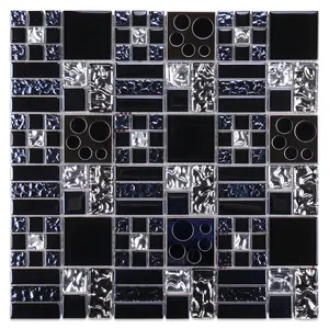Antique electroplated stainless steel silver bubbles round square black glass mosaic for wall backsplash