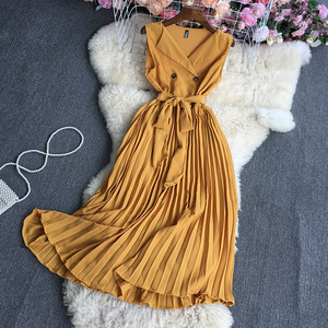 Tunique Slip Robe Femmes Couleur Unie Blazer Col Sans Manches Robe Taille Haute Plissée Casual Dress - Product Image 2