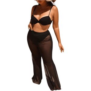 Pantalones de playa de talla grande para mujer, de malla transparente, de cintura alta, para cubrir el traje de baño, de longitud maxi, ajuste holgado, parte inferior de bikini - Product Image 5