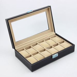 Glass top black leather 12 slots men's wooden watch box,large watch display case
