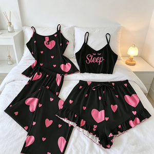Conjunto de 4 piezas para mujer: Camisola, pantalones cortos, pijama, ropa de dormir con estampado de letras, top de dos tirantes, pantalones, atuendo de verano sin mangas, ropa de dormir. - Product Image 4