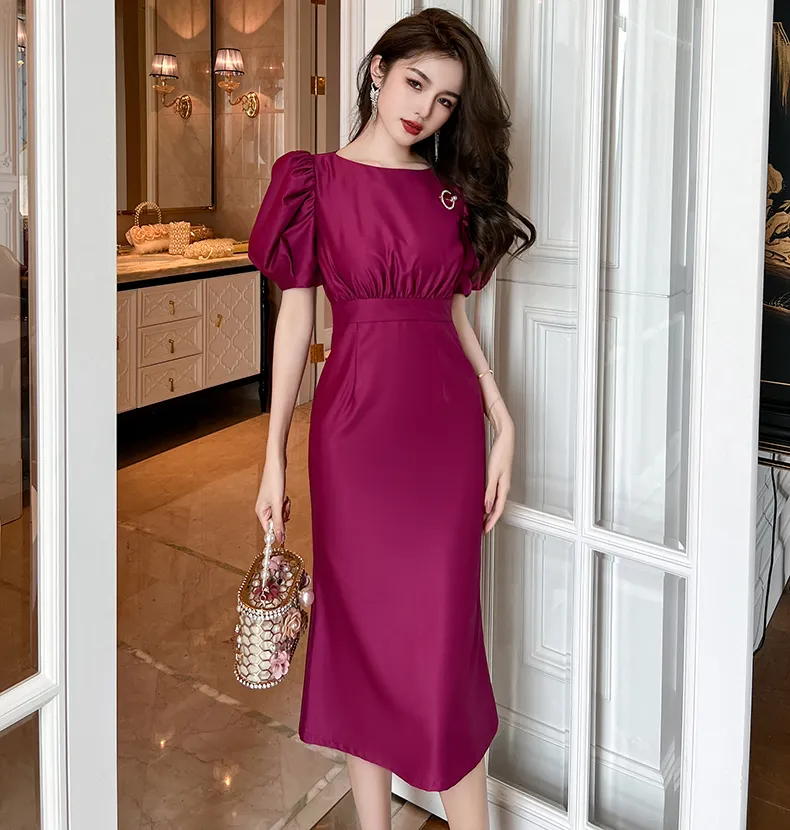 ZYHT 50159 New Casual Puff Sleeve Midi Dress Ropa De Dama Vestido Purple Party Dress Elegant Straight Women Dress