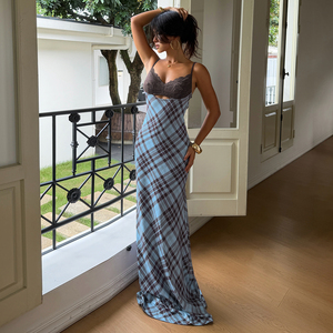 Vestido de Fiesta Maxi Elegante con Tirantes Finos, Escote Corazón y Diseño a Cuadros para Mujer - Product Image 3