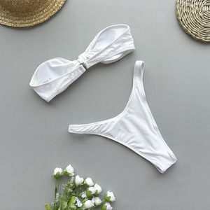 Factory Direct Skin-Friendly Women's 2 Piece Set Twist Front <strong>Bandeau</strong> <strong>Top</strong> &amp; High Cut Bottoms Swimwear for Pool Beach Sexy Bikini - Product Image 5