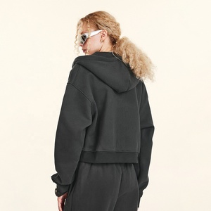 Felpa corta Vintage tinta unita <span class=keywords><strong>con</strong></span> cappuccio e cappuccio da donna oversize ampia stile Streetwear Chic da ragazza giacca Casual <span class=keywords><strong>con</strong></span> cappuccio - Product Image 2