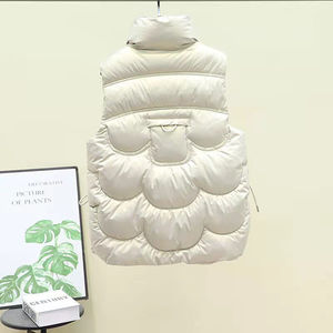 Women's Short Cotton Vest Off White Stand Collar Pocket Solid Color Winter Warm Waistcoat - Product Image 3