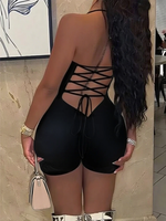 Combinaison Courte Moulante Noire Grande Taille pour Femme, Dos Nu à Lacets, Sans Bretelles, Sexy, pour Soirée et Club, Vente en Gros Personnalisée