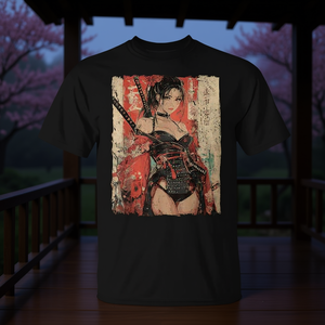 T-shirt Manga Ukiyo-e japonais avec motif de guerrier samouraï et de fille Waifu - Product Image 3
