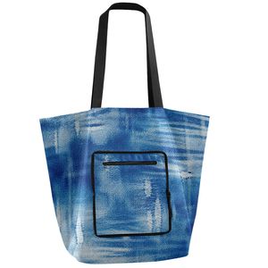 Denim Print <b>Foldable</b> Shopping Bag Nylon Tote Bag Large Reusable Carry Bag With Zipper Pocket - Product Image 1