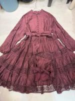 Robe Midi Femme Printemps-Été Vintage en Dentelle Creuse à Volants, Manches Longues Lanterne, Col Montant, Ceinturée, Style Bohème Fluide, Longueur Genou