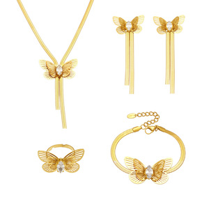 Parure de bijoux en acier inoxydable de luxe léger, avec anneau papillon en zircon double couche ajouré, bracelet, collier à chaîne lame et pampilles, boucles d'oreilles - Product Image 5