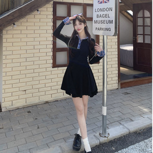 Women's Plaid Patchwork Polo Collar Dress Long Sleeve Elastic Waist Solid Color Casual Daily Wear Black And Red - Product Image 3
