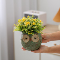 Pot Bunga Keramik Mini Kartun Kreatif yang Lucu, Dekorasi Hewan Kecil yang Dipersonalisasi, Burung Hantu Modern, Berlapis Kiln, Warna Hijau Perunggu
