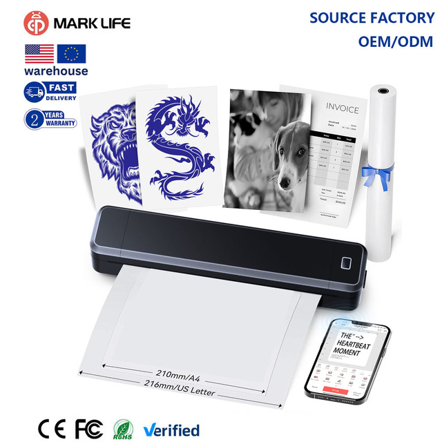 Marklife A4 Compact Thermal Printer Inkless Wireless Portable Tattoo Sticker Printer with 1500mAh Battery 203dpi 2-Year Warranty