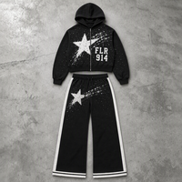 Ensemble décontracté pour homme personnalisé, haut à capuche noir et pantalon large à taille élastique avec imprimé étoile blanche, OEM ODM