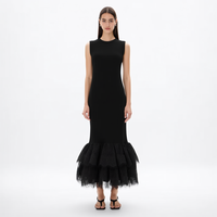Robe longue trapèze personnalisée pour femme, sexy, noire, en dentelle à cils et maille, à col rond, sans manches, avec volants superposés et dentelle à plusieurs couches