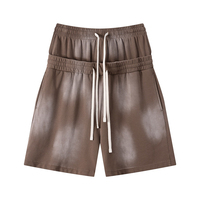 Shorts unisexe épais délavés et déchirés à double ceinture taille haute, coupe oversize, style streetwear décontracté, longueur genou, pour le sport