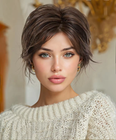 Perruques synthétiques blondes et brunes naturelles à couches droites, coupe pixie courte avec frange, brun clair, en dentelle, fabriquées à la machine pour femmes
