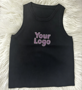 Top Corto de Punto Negro sin Mangas de Alta Calidad con Logotipo Personalizado, Top de <span class=keywords><strong>Tirantes</strong></span> con Pedrería Brillante y Bordado, Marca Personalizada para Mujer - Product Image 4