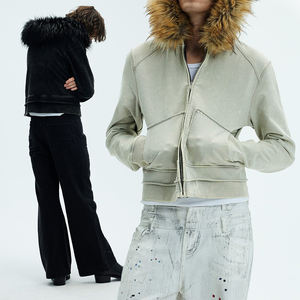 High-quality <b>Vintage</b> Acid-washed Men's 100% Cotton French Terry Digital Printing Embroidered Winter Fur Trim Short <b>Zip</b>-<b>up</b> <b>Hoodie</b> - Product Image 1