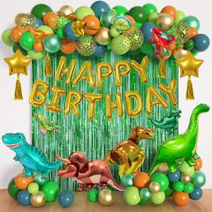 Decoraciones de Globos para Fiesta Temática de Dinosaurios y Selva, Globos de Animales en Naranja, Verde, Dorado Cromado y Globos de Aluminio con la Frase 'Feliz Cumpleaños' - Product Image 1