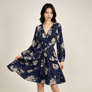 Vestido Mini Casual de Fiesta para Mujer, Novedad 2026, Azul Marino con Estampado Floral, Manga Larga, Cuello en V, con Cinturón y Volantes, Venta al por Mayor OEM - Product Image 5