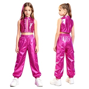 6-16 Kids Girls Stage Show Jazz Dance Outfit Hip-Hop <b>Sequin</b> Metallic Crop <b>Top</b> With Pants Competitions Contemporary Dance Costume - Product Image 4