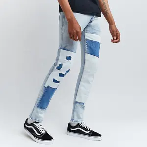 Özel tasarım sokak giyim hip hop erkek kot patchwork denim kot slim fit uzun kollu erkek gömlek kot pantolon pantolon