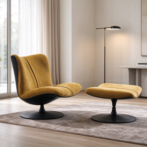 Fauteuil pivotant et ottoman en velours, dossier incurvé, base sur piédestal, pour salon, villa, coin lecture - Product Image 1