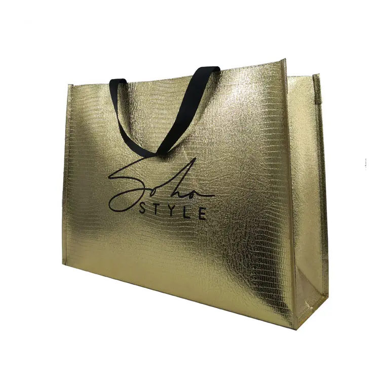 Fashion style big gold pattern customize shopping metallic bags with logo for boutique
