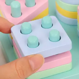 Macaron en bois 4 jeux de colonnes jouets bébé géométrie forme Cognitive blocs de construction jouets éducatifs