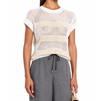 Pull-over chic en maille ouverte personnalisé pour femme, manches courtes, léger, en mélange de coton rayé 7GG, idéal pour l'été – Vente en gros