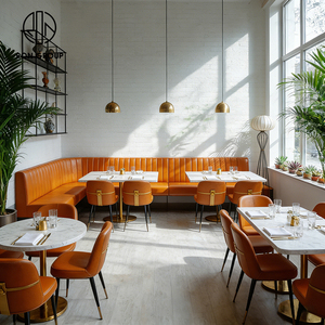 Banquette en cuir orange <span class=keywords><strong>moderne</strong></span> en forme de L, table ronde en marbre avec chaises en velours, mobilier pour café et restaurant - Product Image 3