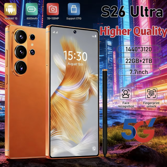 7.7 Inch S26 Ultra 22GB+2TB 5G Smartphone Android 15 Full Screen Dual SIM Unlocked 2026 New Deca Core Intelligent Mobile Phones
