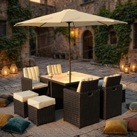 Moderne Luxus-Gartenmöbel Sofa-Set PE-Rattan Korbgeflecht Park Ecksofa Holz-Metall Esstisch UV-Beständig Wasserdicht