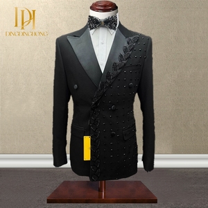Hôte décontracté pour hommes Robe de banquet de mariage Ensemble de 2 pièces en jacquard <span class=keywords><strong>Costume</strong></span> simple boutonnage <span class=keywords><strong>Taille</strong></span> XL Tenue de cérémonie personnalisée pour hommes - Product Image 1